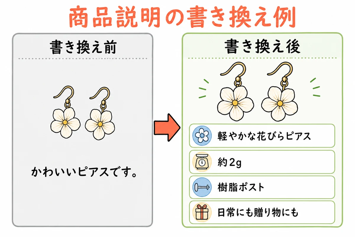 短いハンドメイド商品説明を書き換える前後の比較